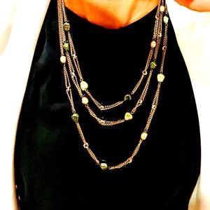 Layered emerald, olive, and pearl-like gem necklace
